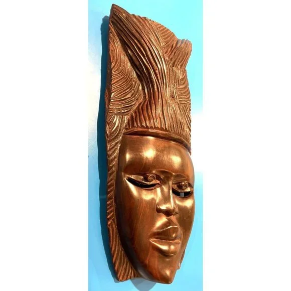 Vintage African Folk Art Hand Carving Wood Wall Hanging Mask - Picture 2 of 7